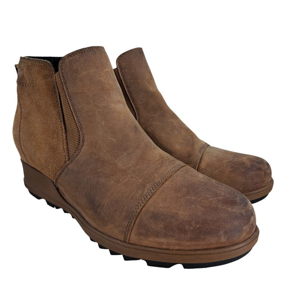 Sorel Evie Pull On Brown Leather Wedge Boots Booties Size 12 Ankle Chelsea